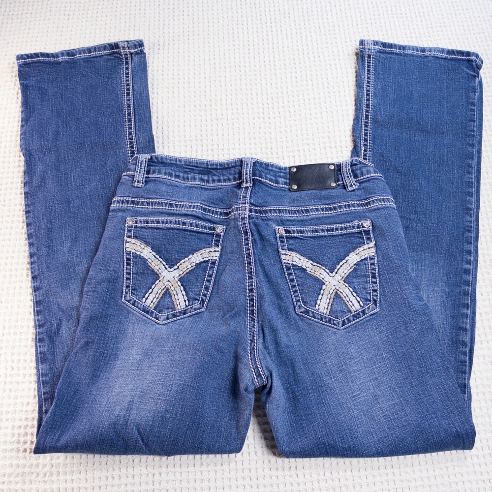 Live Hard Womens Bootcut Jeans Blue Medium Wash Embroidered Pockets Size 8